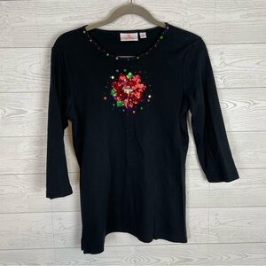 Quacker Factory Sequin Poinsettia Flower 3/4 Length Sleeve Blouse Size XS